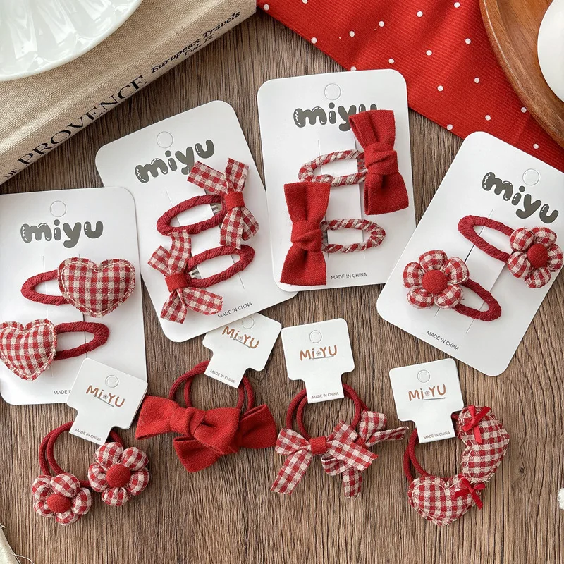 

New Red Plaid Bow Bangs Hair Clips for Girls Side Clips Sweet Versatile Elastic Hair Ties Ponytail Holder Hair Accessories Set