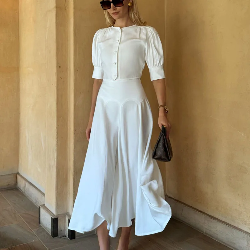 

Women's satin high-end half-body long skirt suit round neck short-sleeved cardigan top elegant two-piece club clothing Vestidos