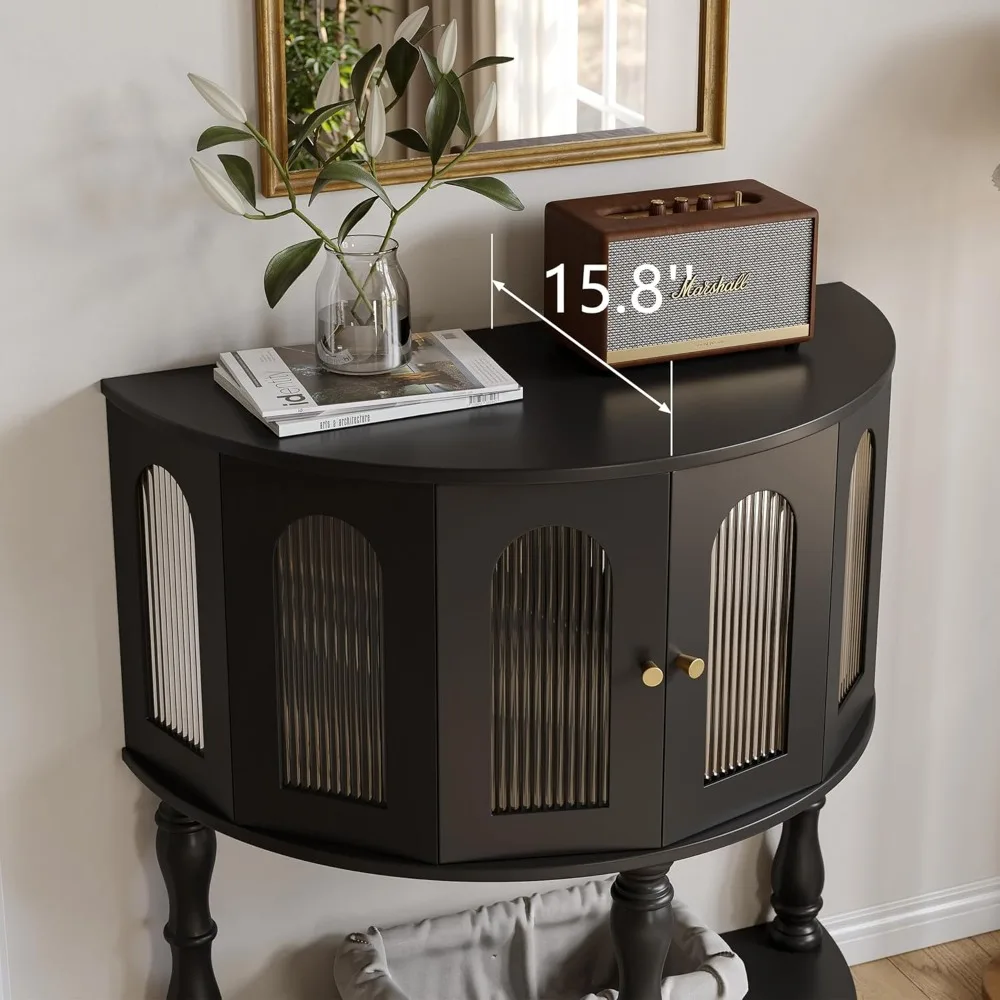 طاولة وحدة تحكم نصف قمر للمدخل، وحدة تحكم حديثة للمدخل من طبقتين مع رف تخزين وباب زجاجي، علامة تبويب أريكة نصف دائرة مقاس 32 بوصة