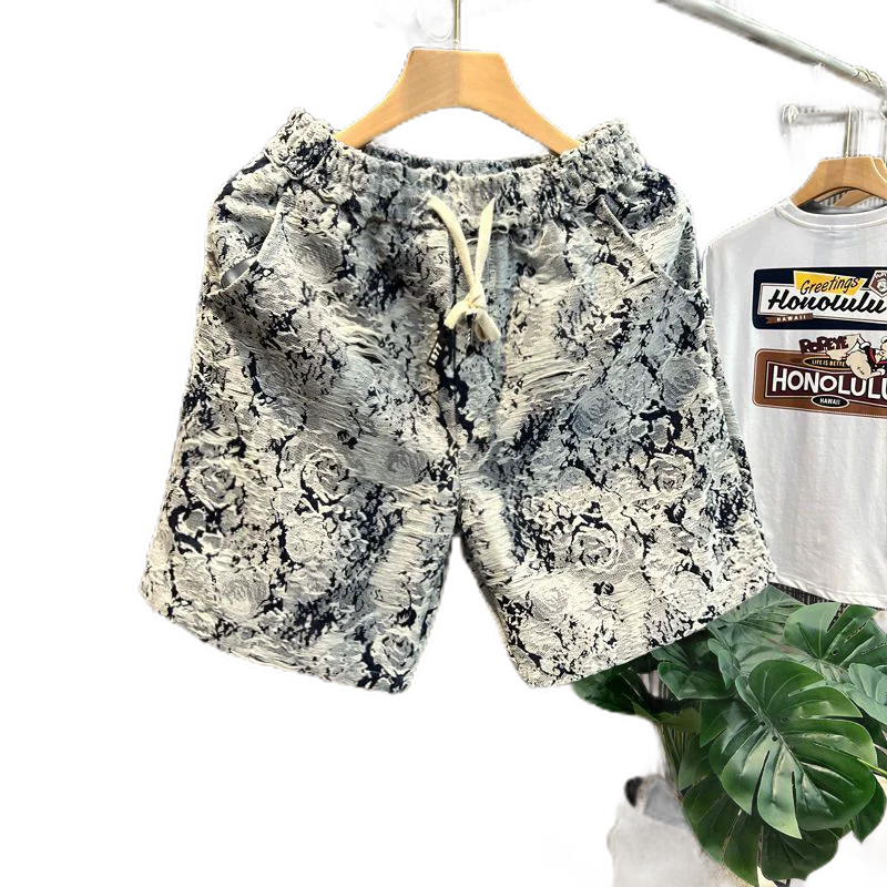 Shorts de praia soltos casuais masculinos, retas com flor de homens a óleo, shorts de seda havaiano casual, casal popular, verão