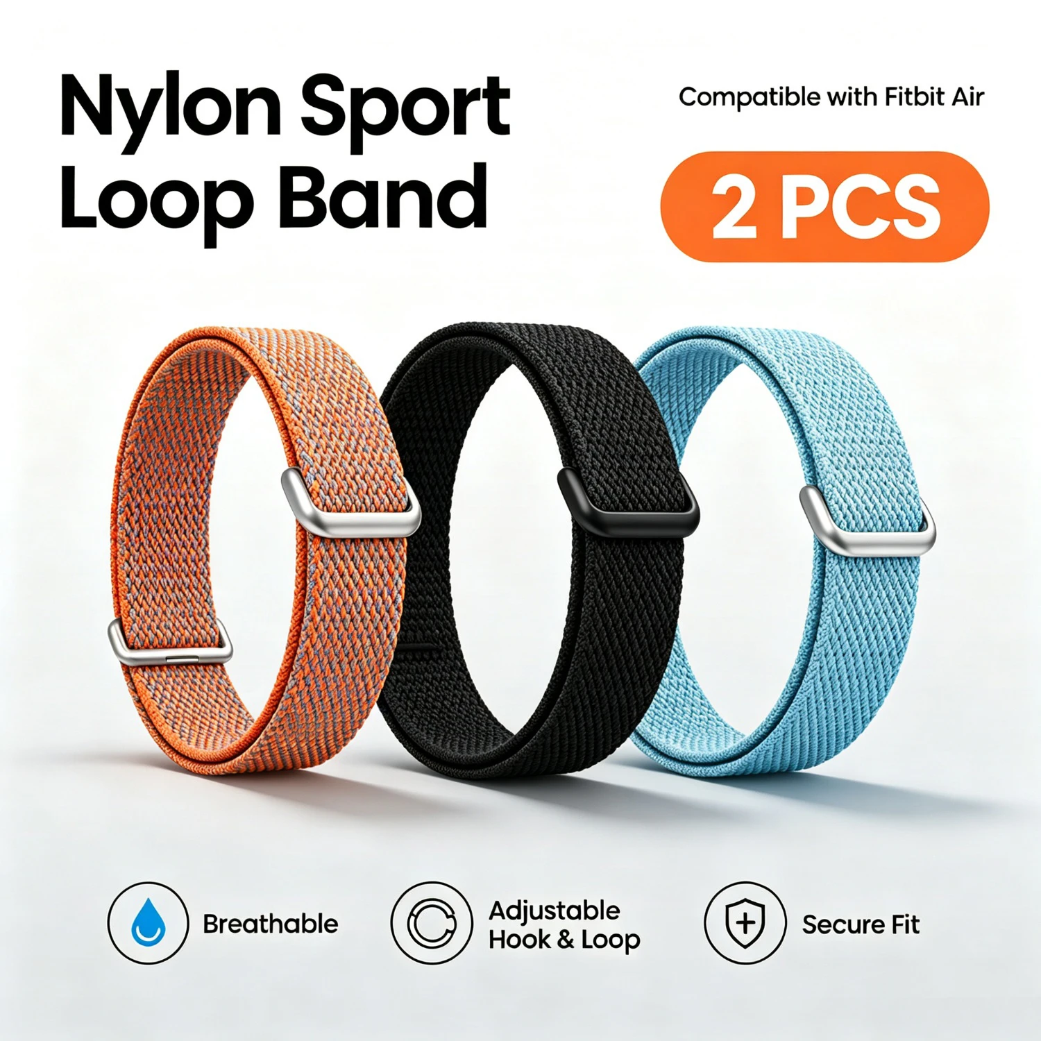 2 Stück Nylon-Sport-Schlaufenband für Google Fitbit Air, atmungsaktiv, weich, langlebig, verstellbar, Unisex, Klettverschluss, Ersatz-Armband