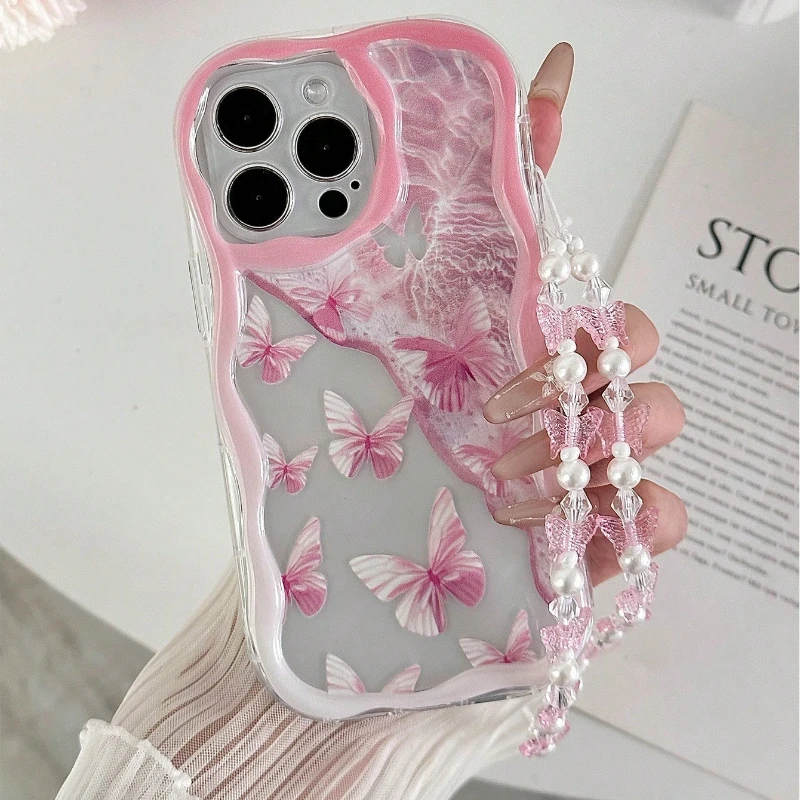 Pink Butterfly Wavy-edge Phone Case For iPhone 17 Pro 16 15 14 Plus 13 12 11 Pro Max 16E 17E Bead String Transparent Soft Cover