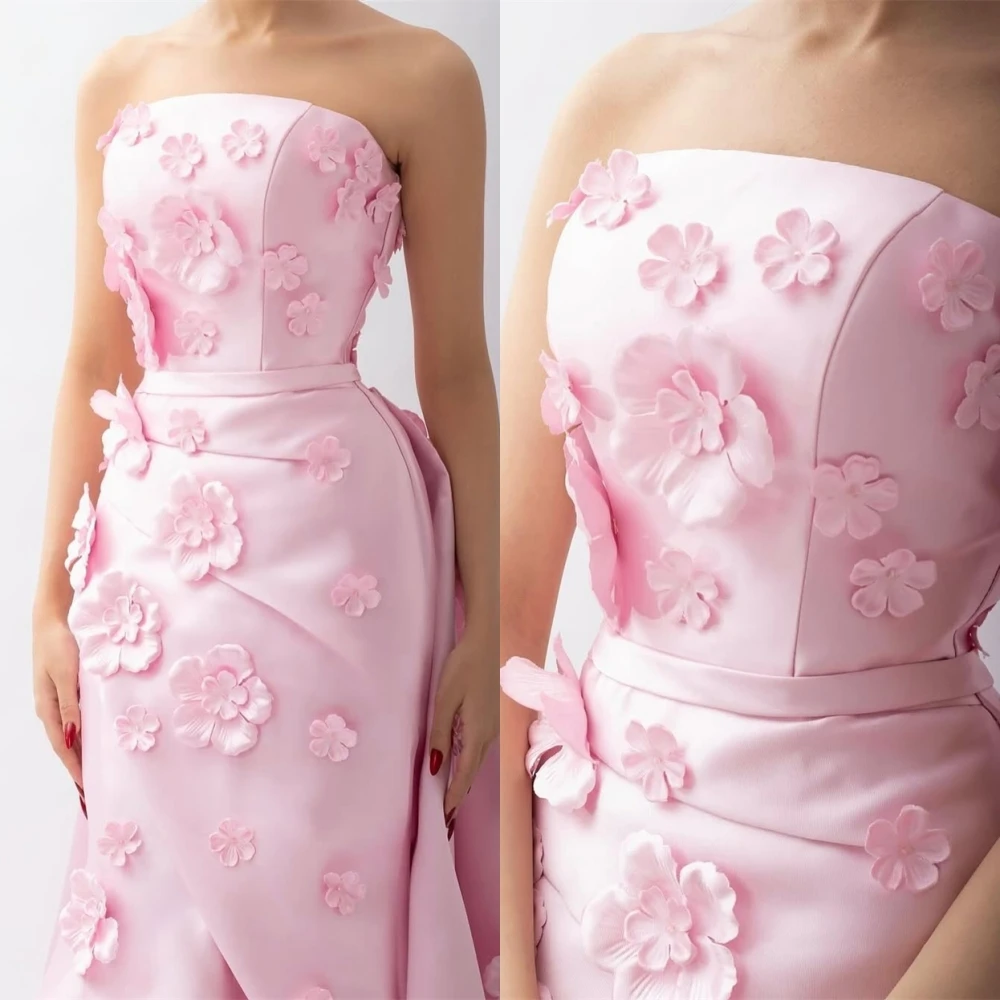 Customized Exquisite Pink Satin Evening Dress Luxury Strapless Sleeveless Backless Special Occasion Gowns Flowers Cocktail Dress