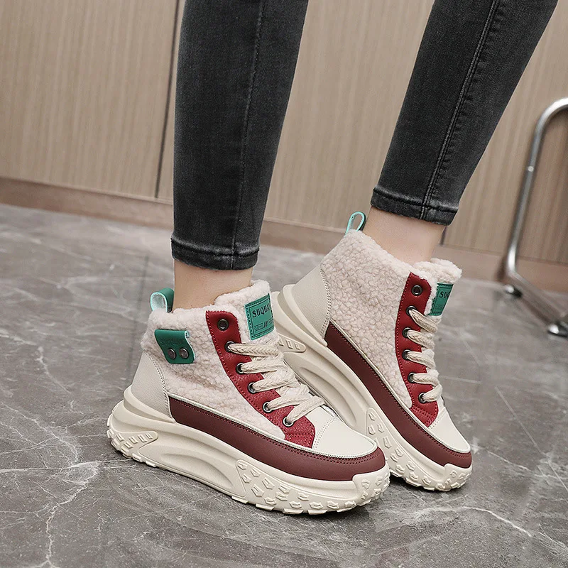 High Top and Plush Cotton Boots 2024 Winter New Item Thick Sole Height Increasing Casual Color Blocked Women's Shoes Keep Warm