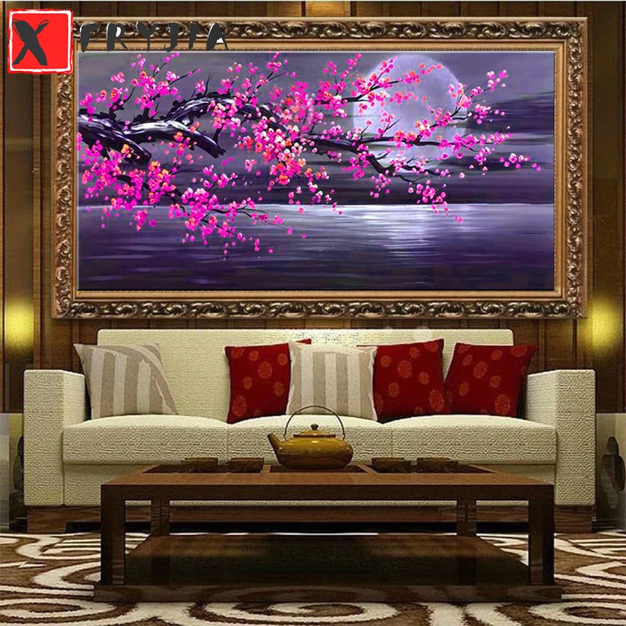 

Full Square Diamond landscape pink plum blossoms under the moon Embroidery Gift Diamond Painting Cross Stitch Home Decoration