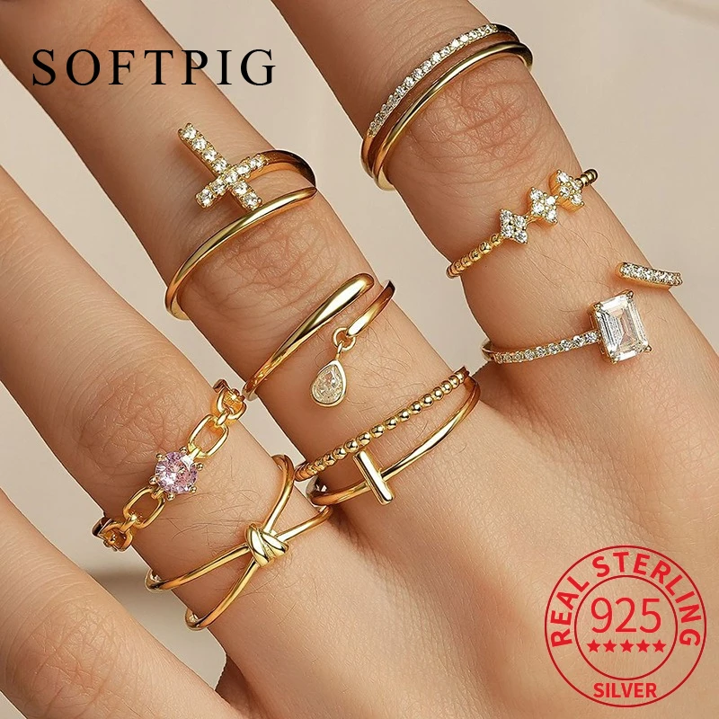 

SOFTPIG Real 925 Sterling Silver Geometric Zircon Cross Ajustable Ring for Women Trendy Fine Jewelry Irregularly Accessories