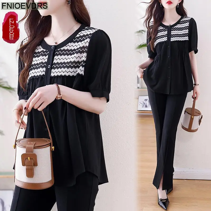 느슨한 옷 여성 2025 여름 짧은 소매 캐주얼 패치 워크 스트라이프 자수 탑 버튼 블랙 레이디 셔츠 블라우스