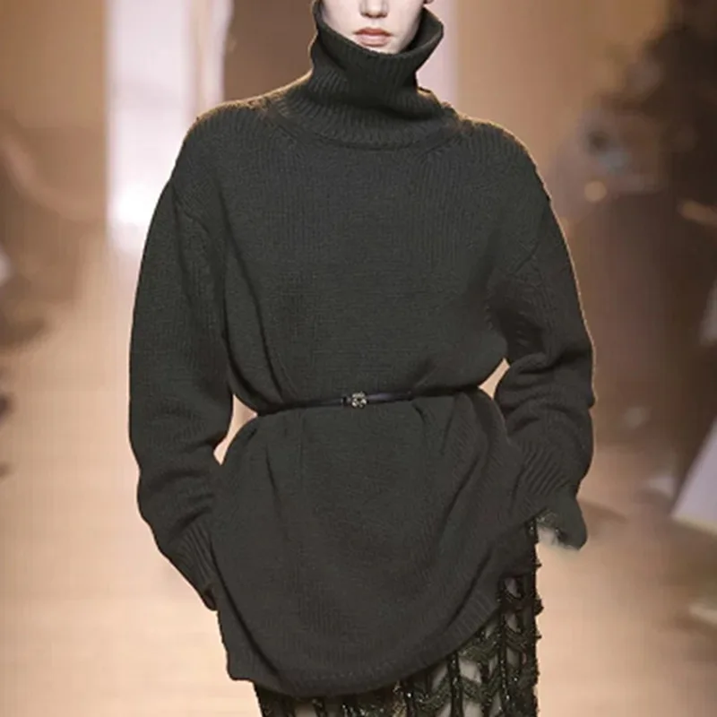 

Элегантный однотонный женский свитер во французском стиле с высоким воротником и длинными рукавами, с поясом на талии, облегающий крой, роскошный осенний новый поступление