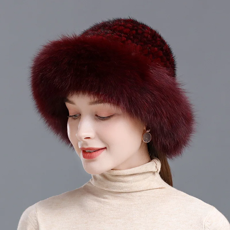 New Genuine Real Natural Knitted Mink Fur Hat Cap Luxury Women Handmade Knit Fashion Winter Headwear Warm Real Fox Fur Beanies