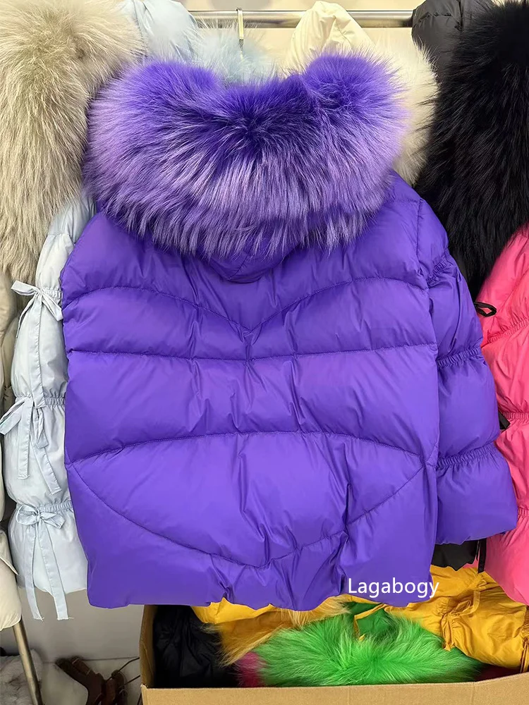 Lagabogy 2026 Big Natural Fox Fur Puffer Jacket New Winter Clothes Women Thick Warm White Duck Down Coat Female Real Fur Parker