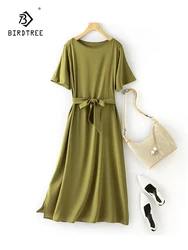BirdTree,93% Silk Elegant Dresses, Women Short Sleeve Slash Neck Solid,Temperament OL Commute Dress, 2024 Summer D46193QC