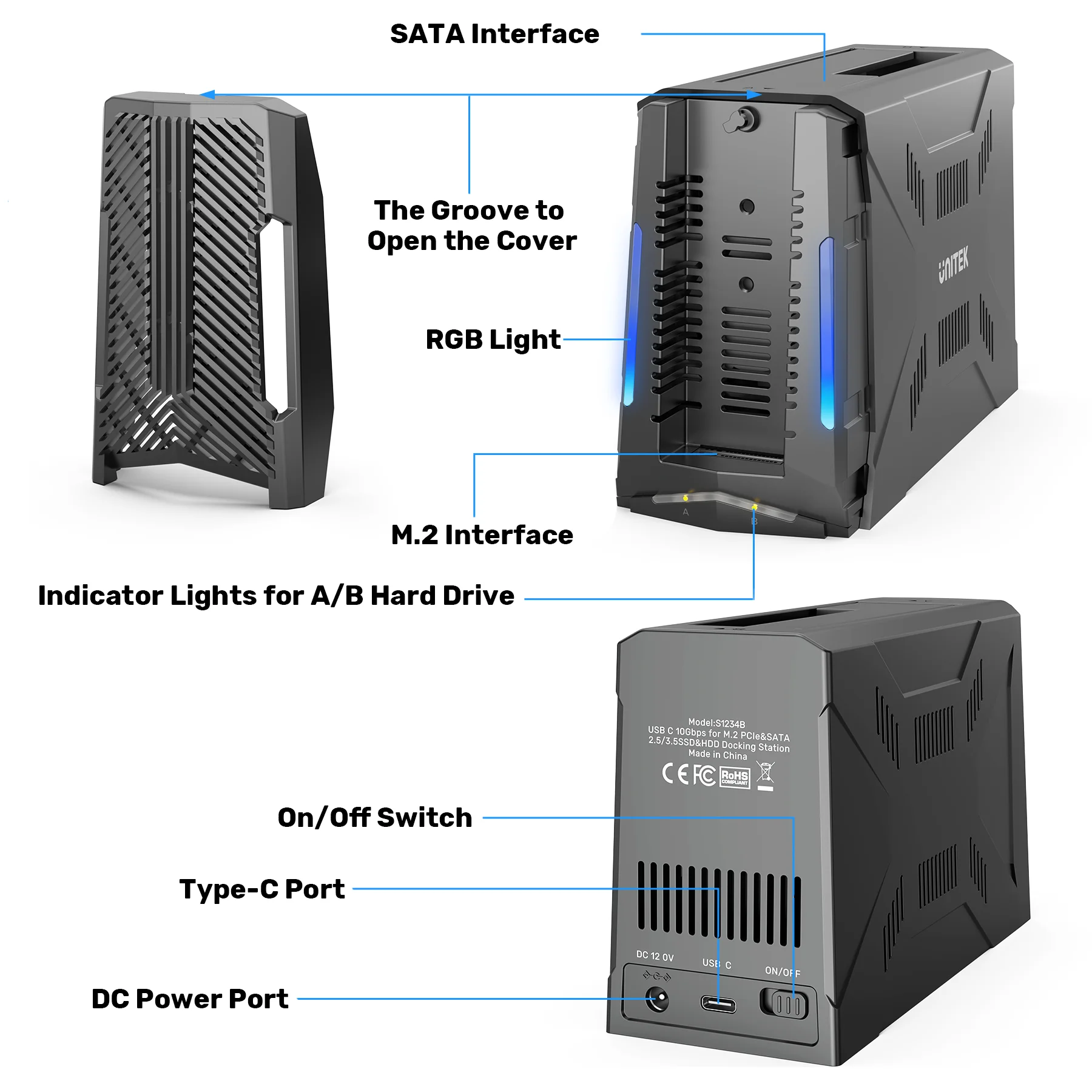 USB C 10Gbps M.2 NVMe SATA Docking Station with Smart Fan Cooling Tool-Free Compatible with 2.5/3.5