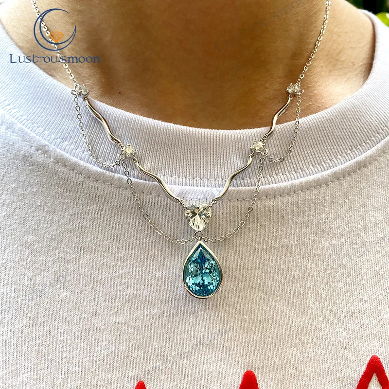 

Luxury Necklace Jewelry Pear Cut Lab Gems Aquamarine Color Stone Heart Size White Neck Chains Personality Gift Party Accessories