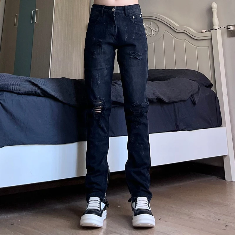 

Retro American Design Zipper Hole Denim Jeans Men's Women's Couple Trendy Autumn Casual Slim Fit Long Pants Water Wa