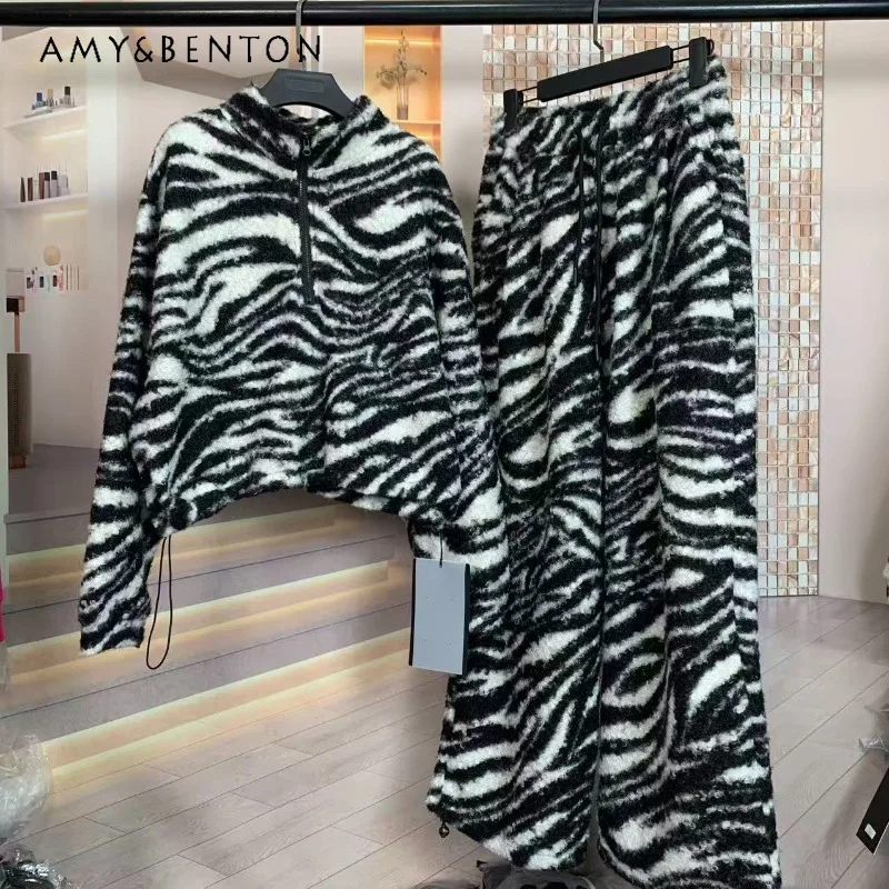 

Fashion Slim Fit Suit Autumn Winter Sheepskin Warm Zebra Pattern Set Fashionable Short Jacket Wide-Leg Pants Two-Piece Outfits