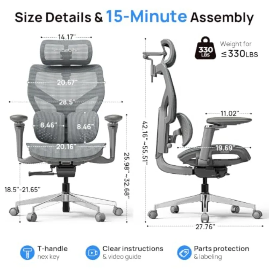 Ergonomic Mesh Office Chair for long workdays, black mesh fabric, 10-hour comfort with dual lumbar support and 330lbs capacity