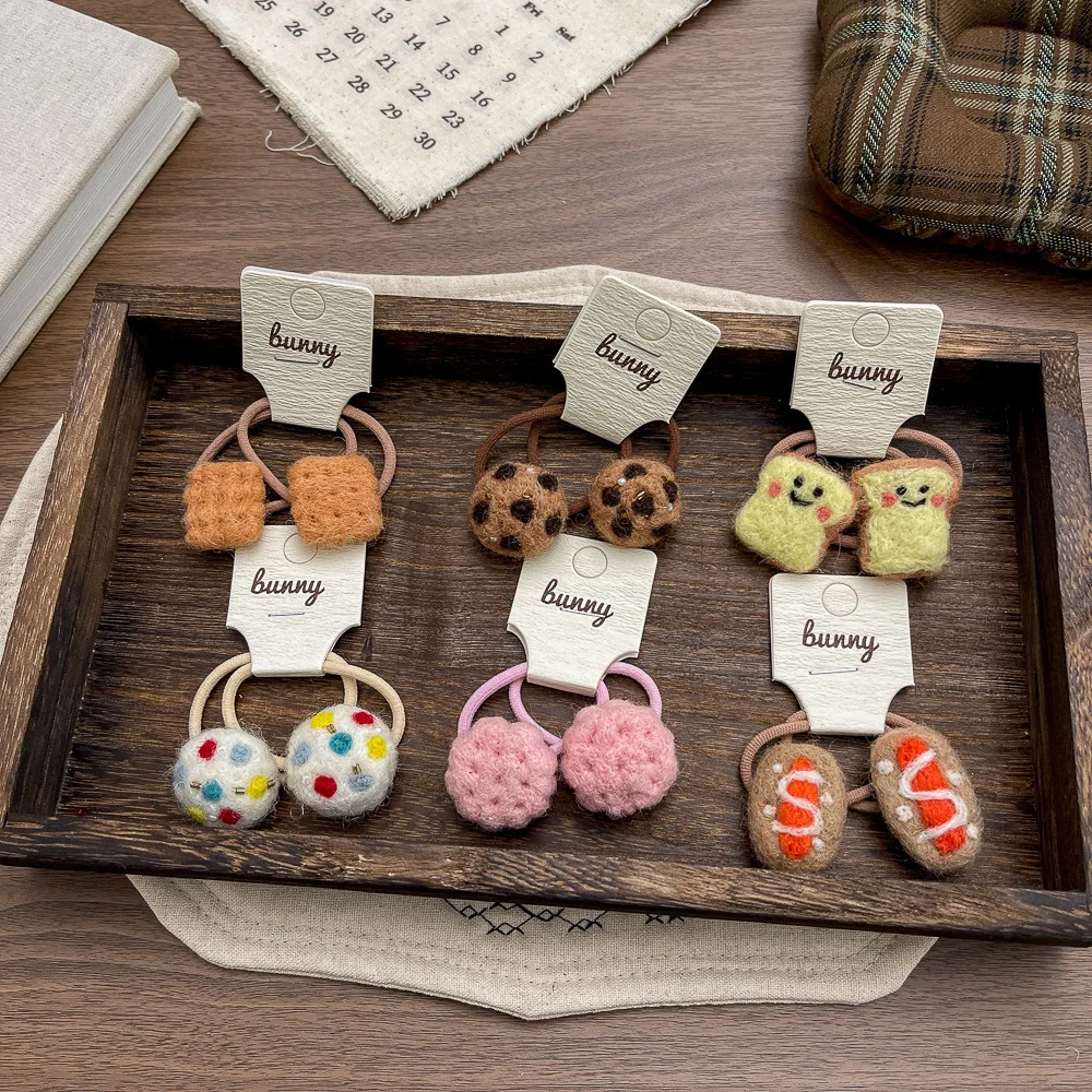 2pcs Wool Felt Scrunchies Cartoon Dessert Shaped Girls Hair Rope Ties Ponytail Holder Rubber Band Children's Hair Accessories