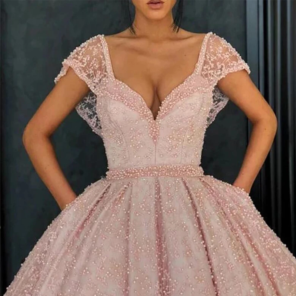 Vestido de Fiesta de manga corta para mujer, traje elegante de princesa rosa con cuentas, Vestido de Noche brillante, 2024