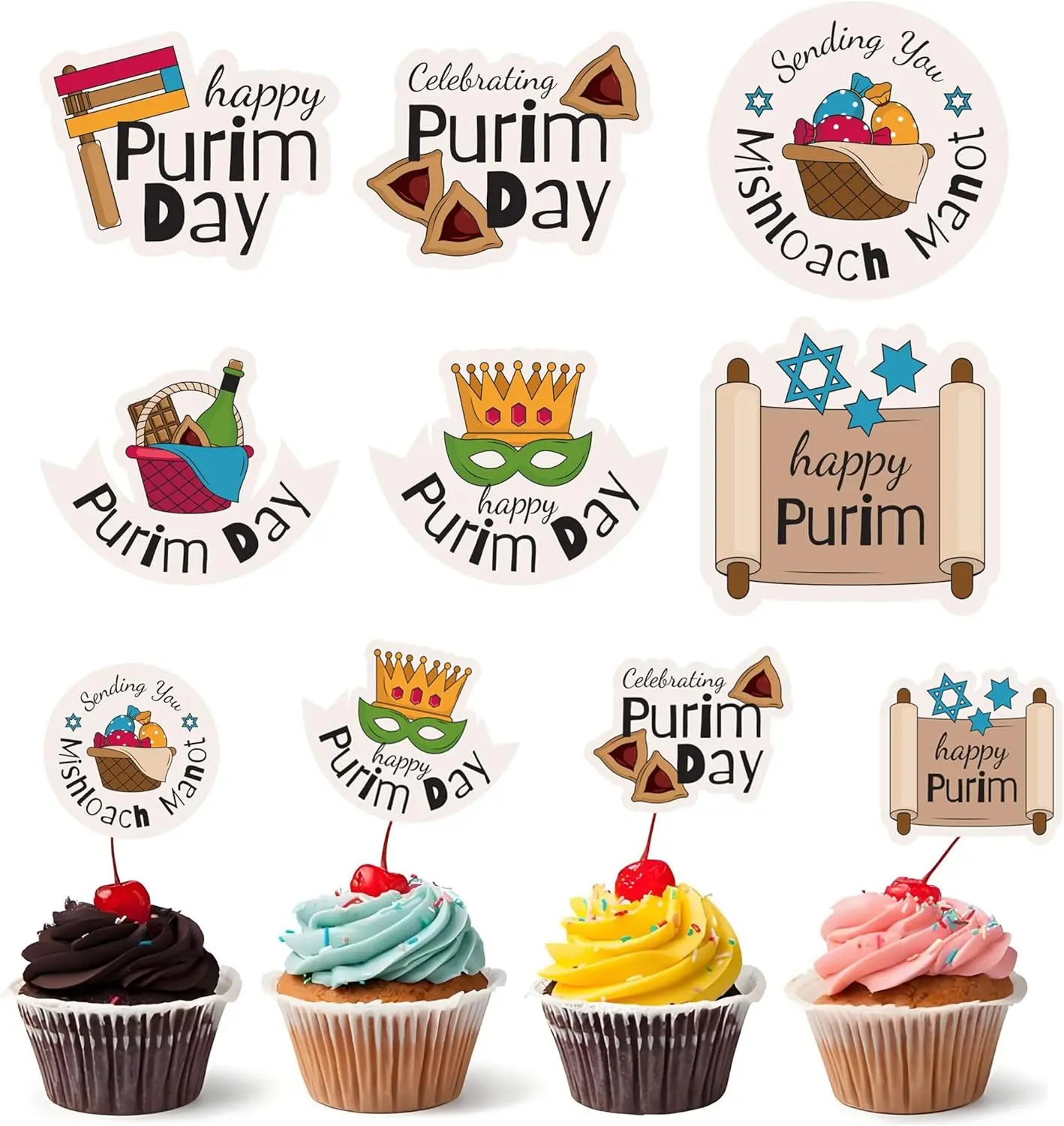 120Pcs Happy Purim Stickers Colorful Purim Celebrations Decal Jewish Purim Stickers Colorful Clown Mask Drum Carnival Sticker