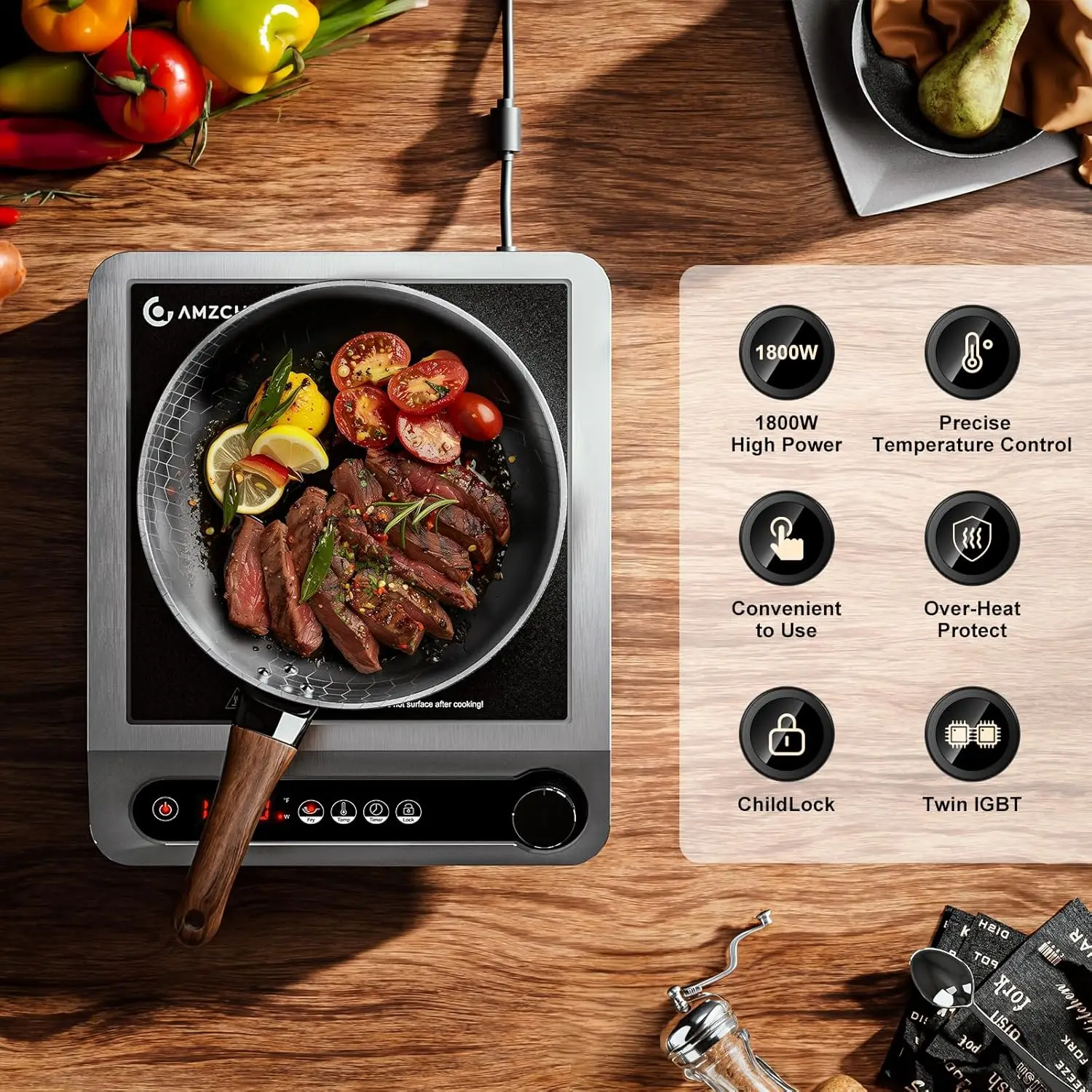 Induction Cooktop, 1800W Commercial Induction Burner, Large 7.3” Heating Coil, Professional Countertop Stove Burner