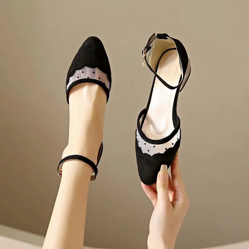 Black Pointed Toe Ladies Summer Footwear Shoes for Women 2024 Kawaii Low Heel Elegant Square Heels Cute Korean Style Beau Today