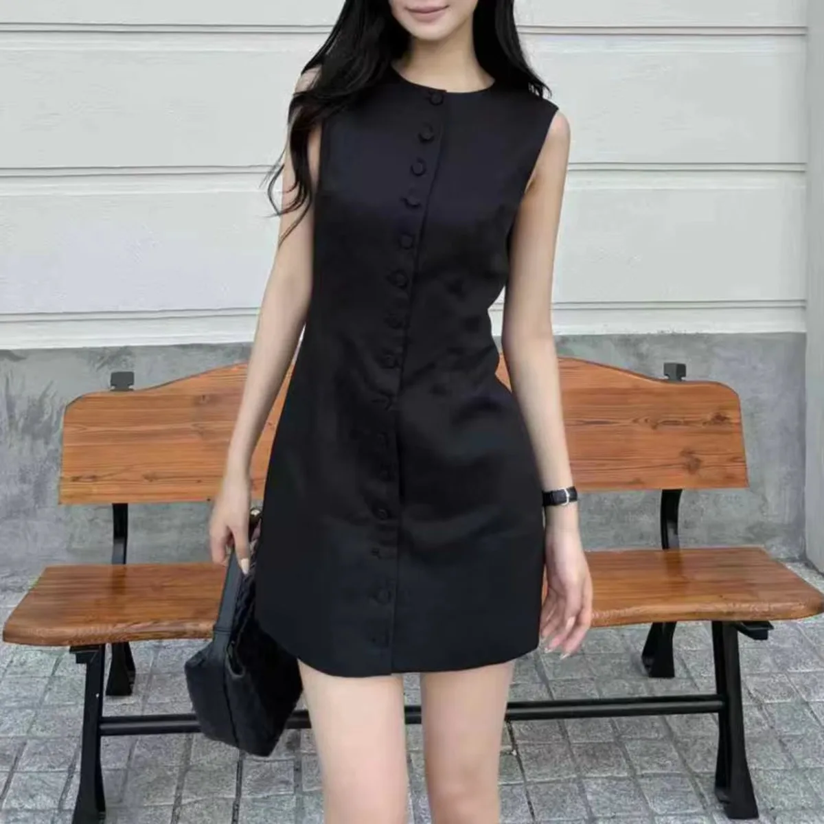 

TOKO 2026 New Women Fashion Sleeveless Mini Dress Button Front Round Neck Slim Fit Elegant Casual Chic Shirt Dress