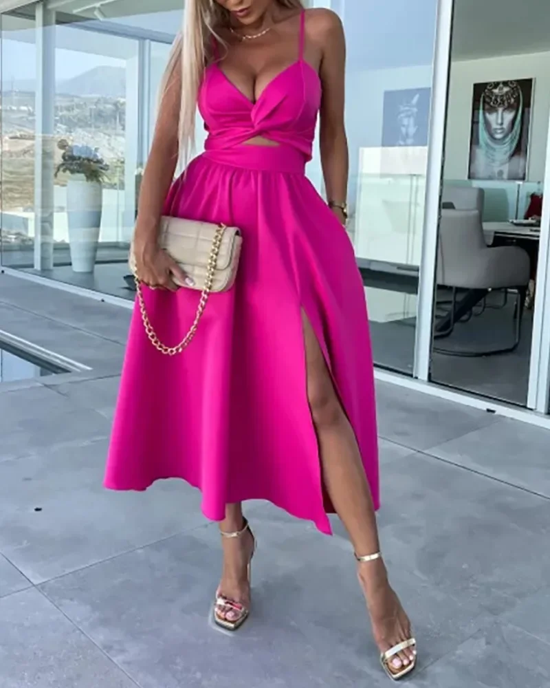 Sexy Deep V-neck Dress Twisted Slit Spaghetti Strap Off Shoulder Backless Hollowed Out Summer Women Party Dresses