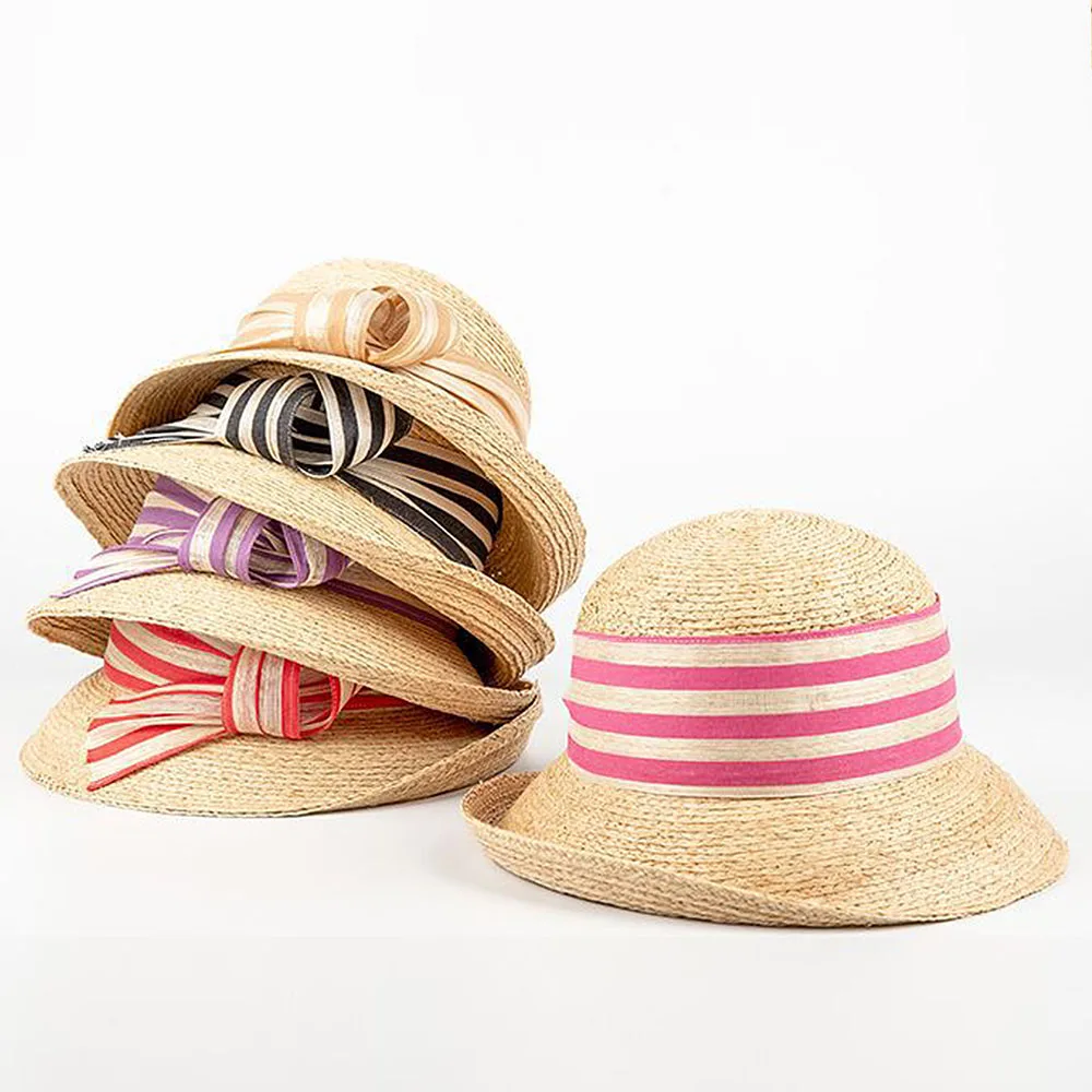 2024 Summer Women Hats Striped Sinamay Band Bow Short Brim Fedora Hat Straw Bucket Hats Adjustable Sun Hat Derby Church Hat