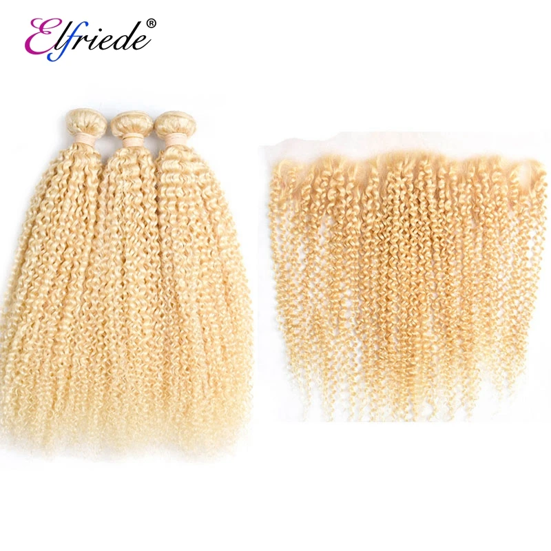 

Elfriede #613 Blonde Kinky Curly Hair Bundles with Frontal Brazilian 100% Remy Human Hair Weave 3 Bundles with Lace Frontal 13x4