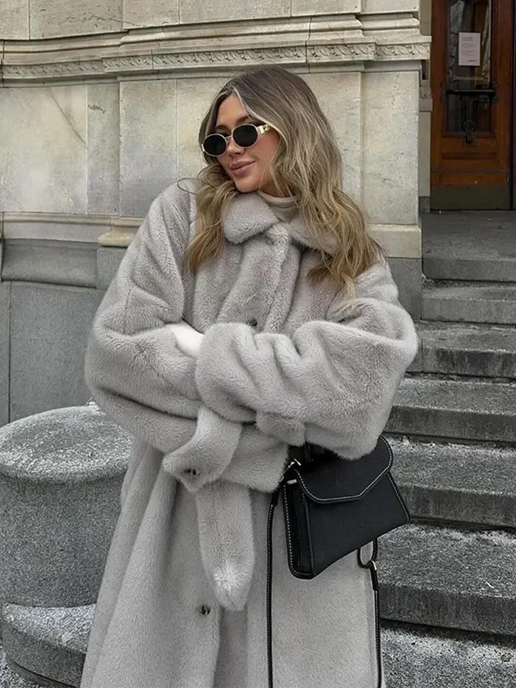 Winter Solid Thicken Faux Fur Long Wrap Coat Women Fashion Lapel Single Breasted Overcoat 2024 New Lady Warm Street Outerwear