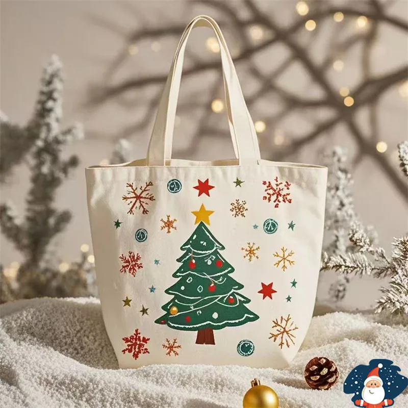 

Happy New Year Christmas Gift Bags Cartoon Santa Claus Elk Christmas Tree Tote Canvas Bag Large Capacity Holiday Shopping Bag