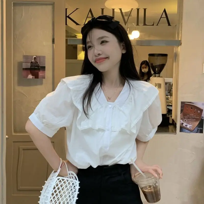 

Shirts Women Collar Puff Sleeve White Loose Sweet Korean Fashion Age-reducing Summer Lovely Girls Chic Attractive BF Beautiful