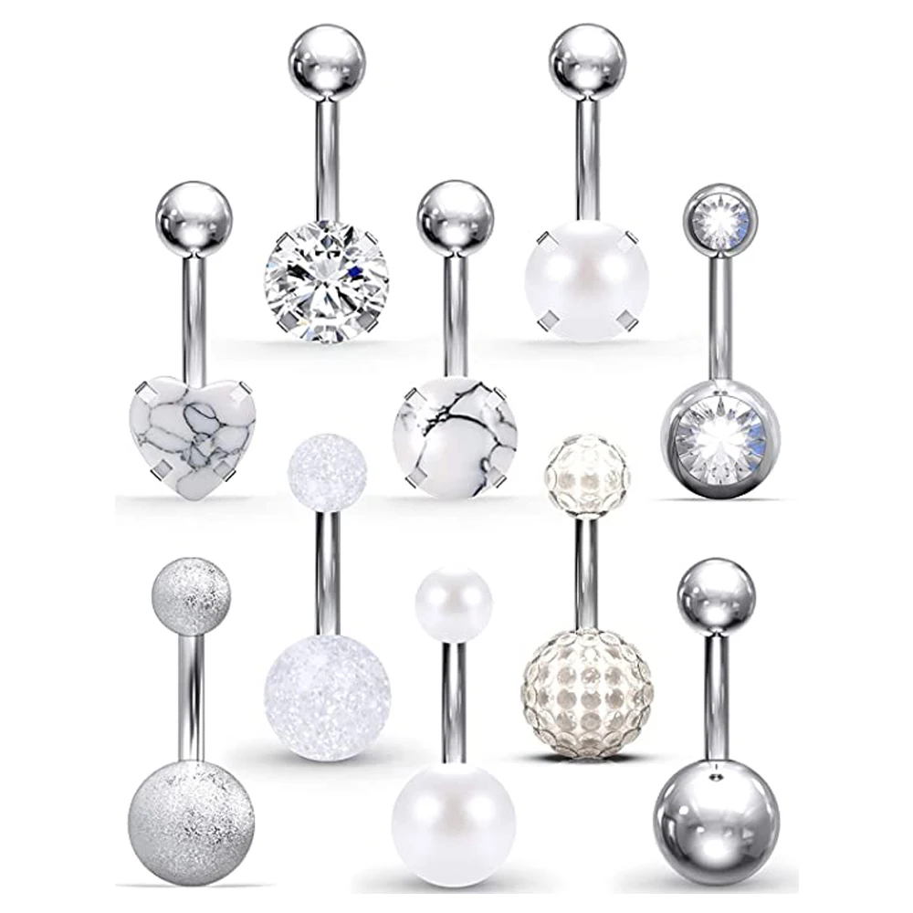 Belly Button Rings 14G Stainless Steel Navel Belly Earring CZ Heart Opal Navel Ring Barbell Body Piercing Jewelry