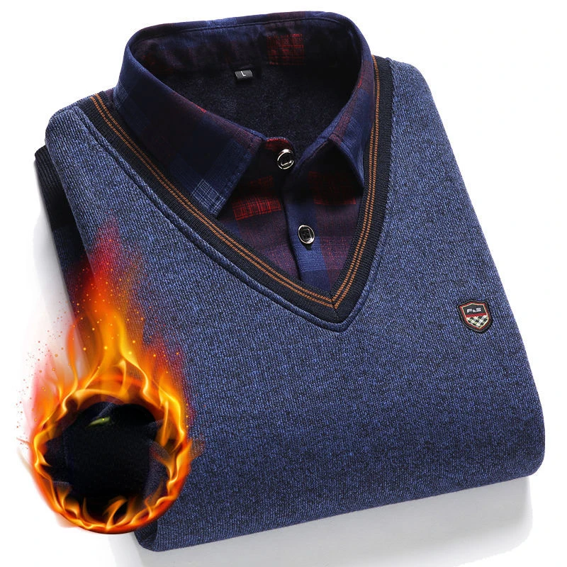 SHiONFA Herbst Winter Herren Langarm Pullover Shirts Gefälschte Zwei Stücke Pullover Fleece Dickes Hemd Gestrickte Casual Kleidung 4XL – Detail 15