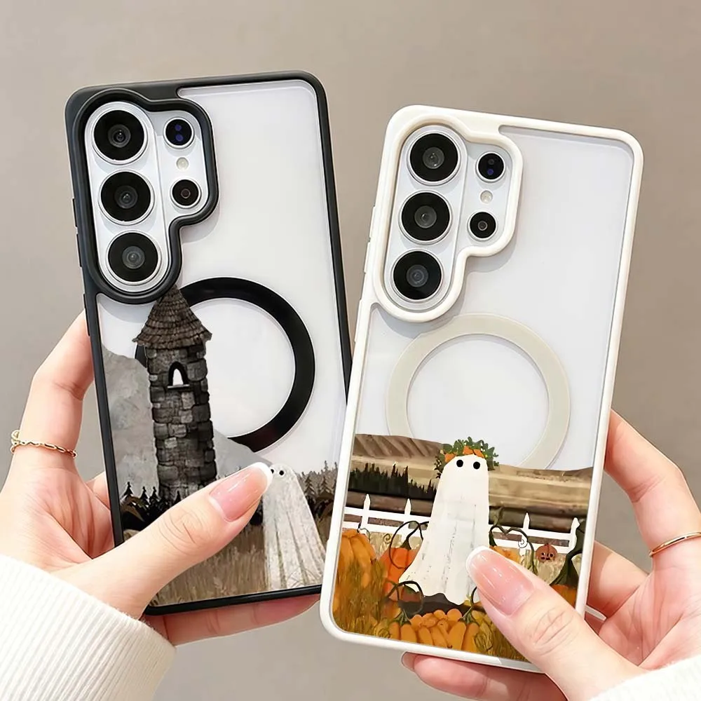 Cute Ghost Pumpkin Field Phone Case For Samsung Galaxy S26 S25 S24 S23 FE Plus Ultra Wireless Charge Magnetic Magsafe Cover