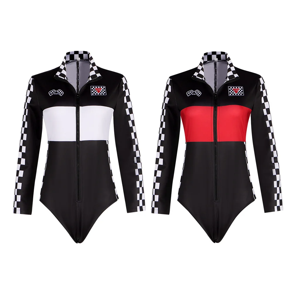 Women Race Car Driver Romper Bodysuit Halloween Cosplay Costumes Theme Checkerboard Print Long Sleeve Boyshorts Racer Jumpsuit