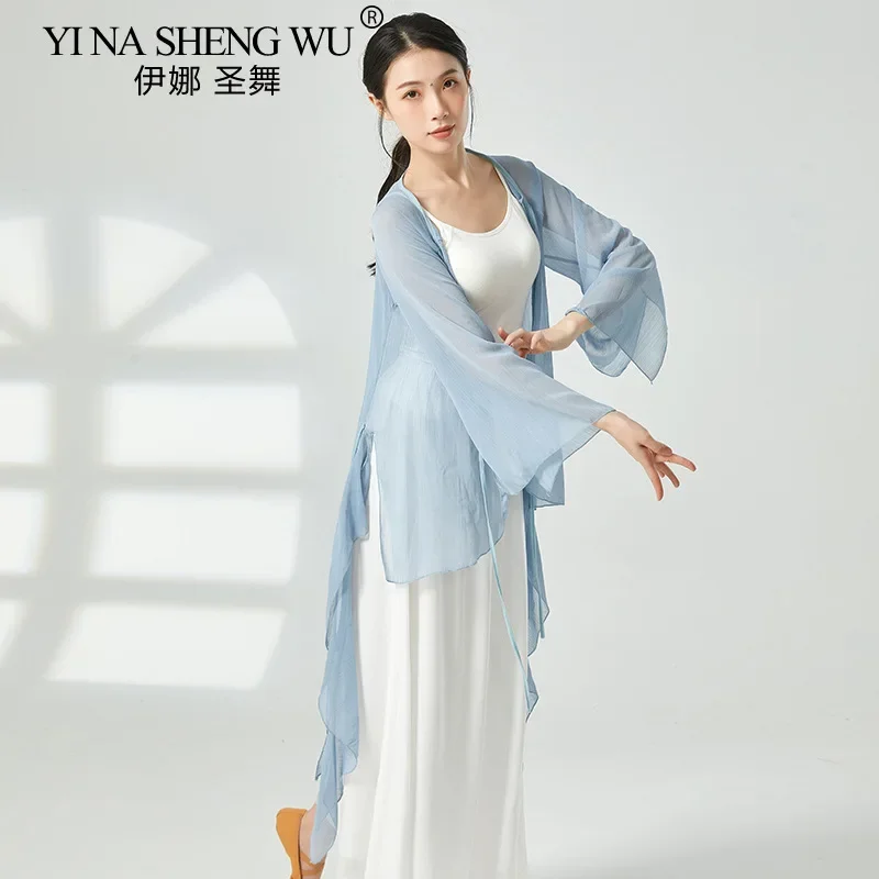 Top con maniche a tromba per danza classica Abiti da pratica Abiti da donna Top Camicia cardigan per spettacoli di danza cinese
