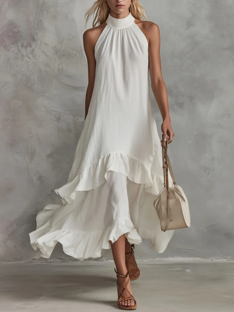 Robe longue d'été pour femme sans manches, col halter, coupe fluide, ourlet à volants, ligne A, ample, décontractée, pour les vacances, les fêtes et la plage