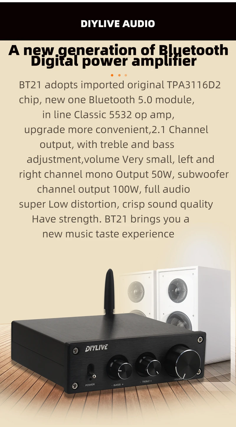 HIFIDIY The finished product machine 2.1 Subwoofer Speaker Amplifier TPA3116 Audio 50W*2+100W Sub AMP Independent Bluetooth  5.0