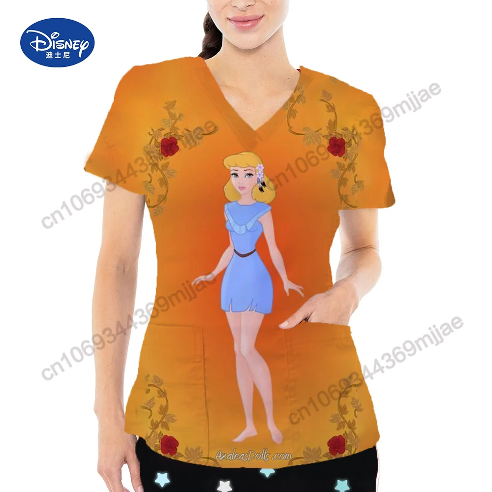 2024 Summer New pretty Disney Cartoon pattern Double Pocket V-Neck Design Y2k Style Women\'s Comfortable Charming nurse\'s uniform