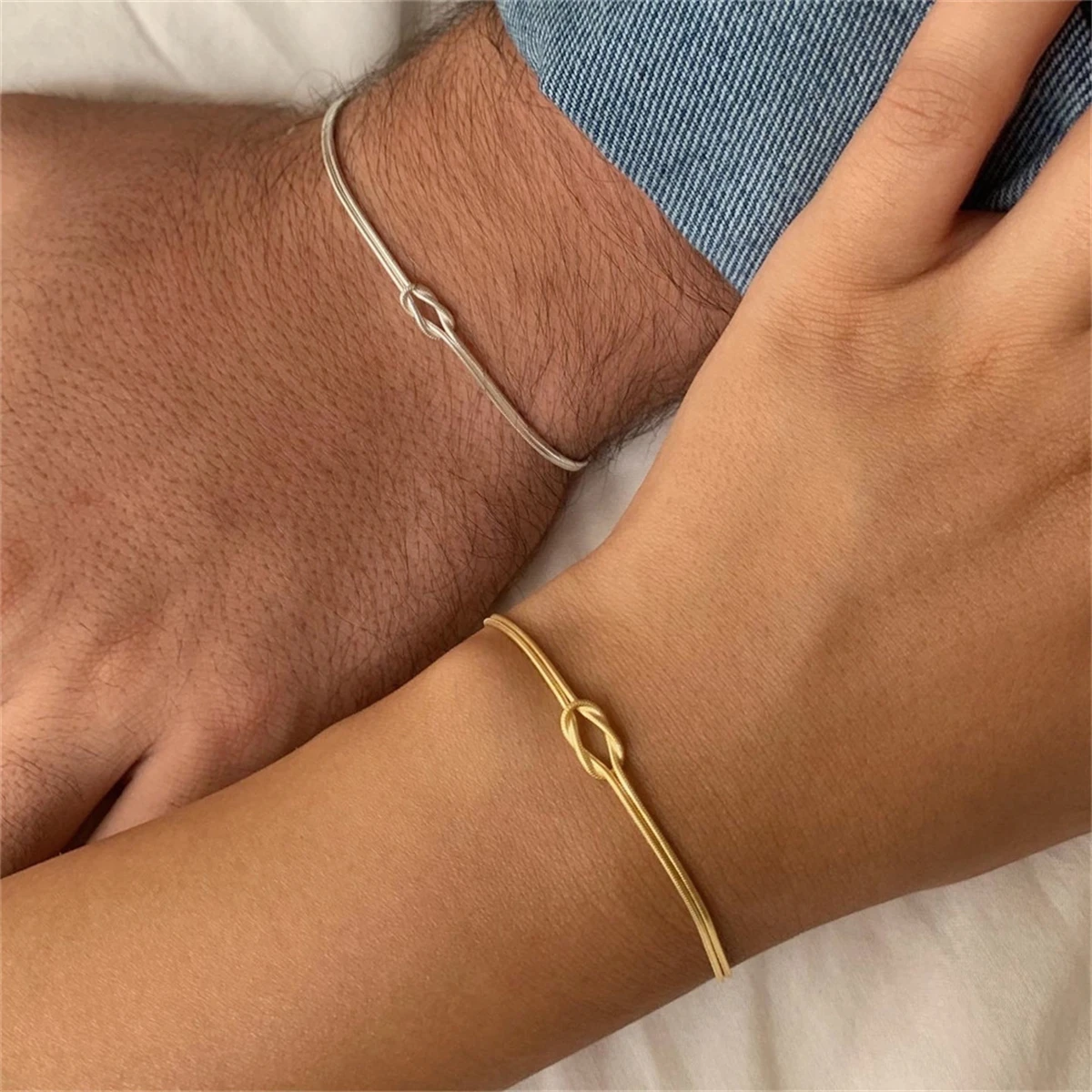

Valentine's Day Gift Titanium Steel Knot Snake Chain Bracelet Handmade Knot Herringbone Ring Plated with True Gold