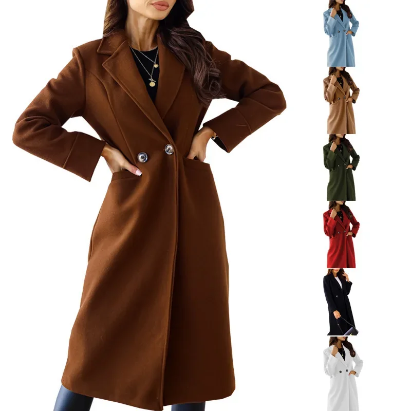 

Pure Color Double Button Long Sleeve Turn-down Collar Buttoned Outerwear Autumn Winter Women's Woolen Coat Simple