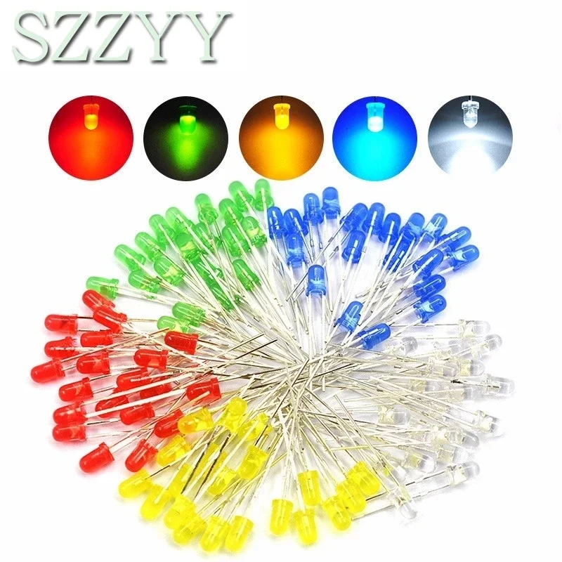 100 stks/partij 3mm 5mm LED Rood Groen Geel Blauw Wit F3 F5