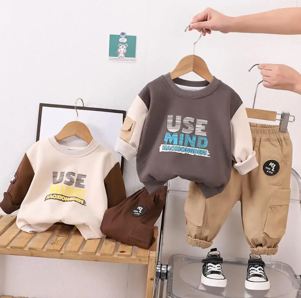 Spring Autumn Designer Baby Boys Clothes 1 To 2 Years Cartoon Turn-down Collar Long Sleeve T-shirts Pants Kids Infant Outfit Set