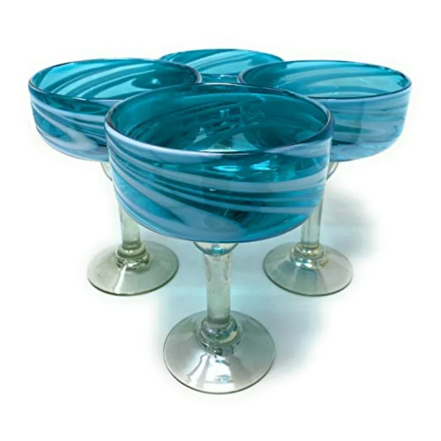 

Мексиканское выдувное стекло ручной работы – набор из 4-х выдутых очков Маргариты ручной работы Aqua Swirl (16 унций)