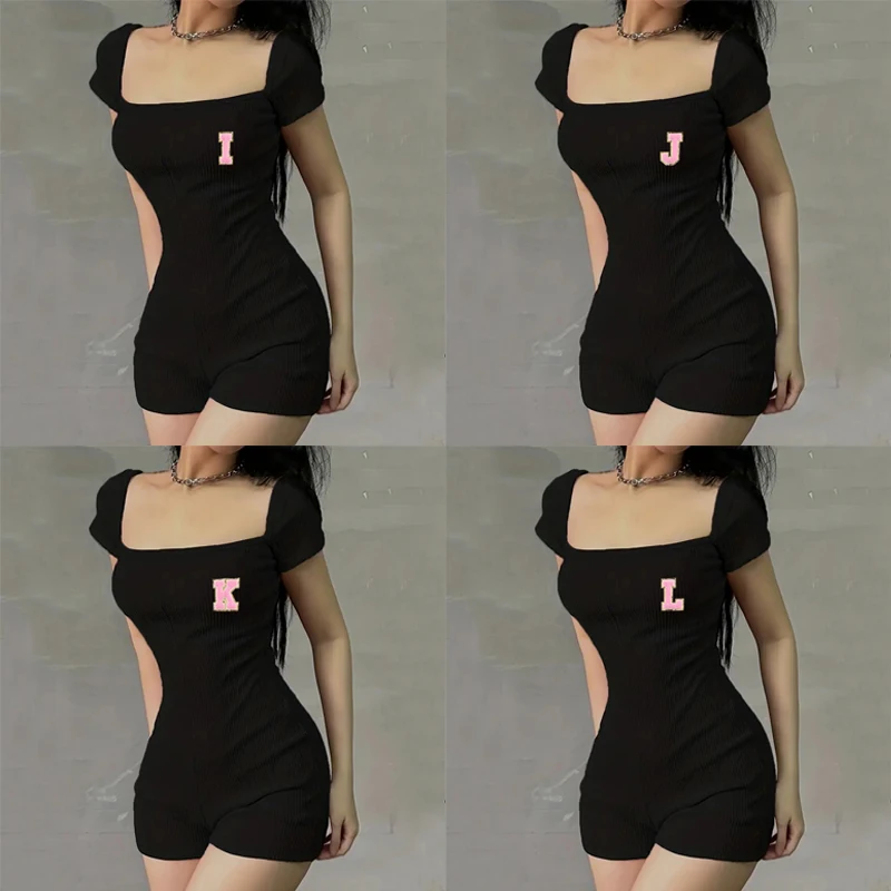 

2025 Women's Jumpsuit Summer Black Solid Color Short Sleeve Pockets Casual Fleece Letter Summer Rompers Overalls For Female