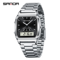 SANDA 747 Men's Quartz Watch Square Simple Business Silvery Stainless Steel Strap Dual Display Wristwatch for Male