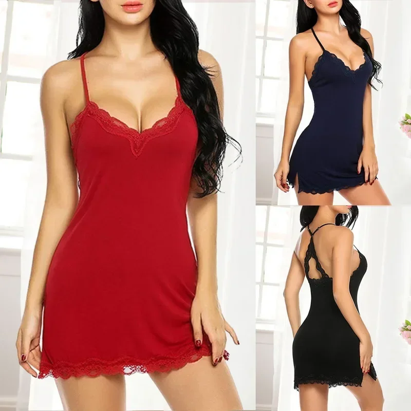 Sexy Mini Dress Fashion Lingerie Ladies Sleepwear Women Satin Nighties See Through Nightwear Lace Nightgowns Silk Pajamas