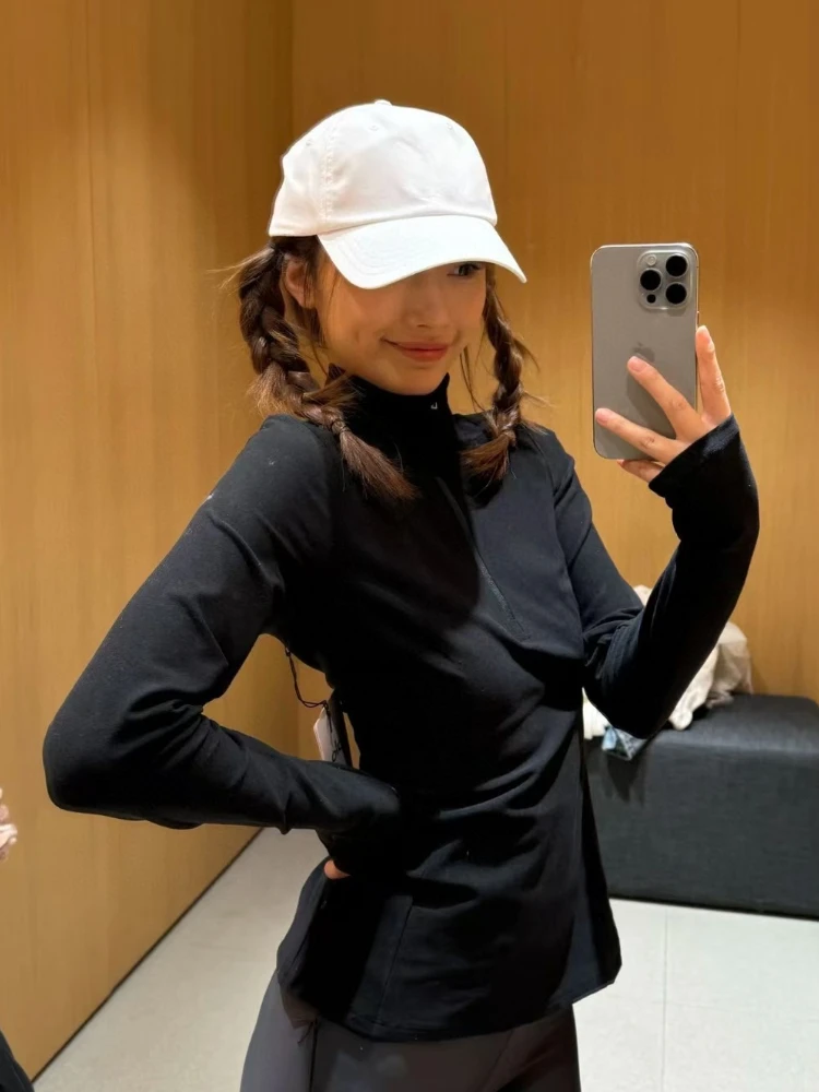 اليوغا قميص بولو المرأة الرياضية نصف سستة ضئيلة طويلة الأكمام أعلى الخريف الأسود الكورية أزياء ضئيلة مريحة الصلبة المرأة قمصان #3