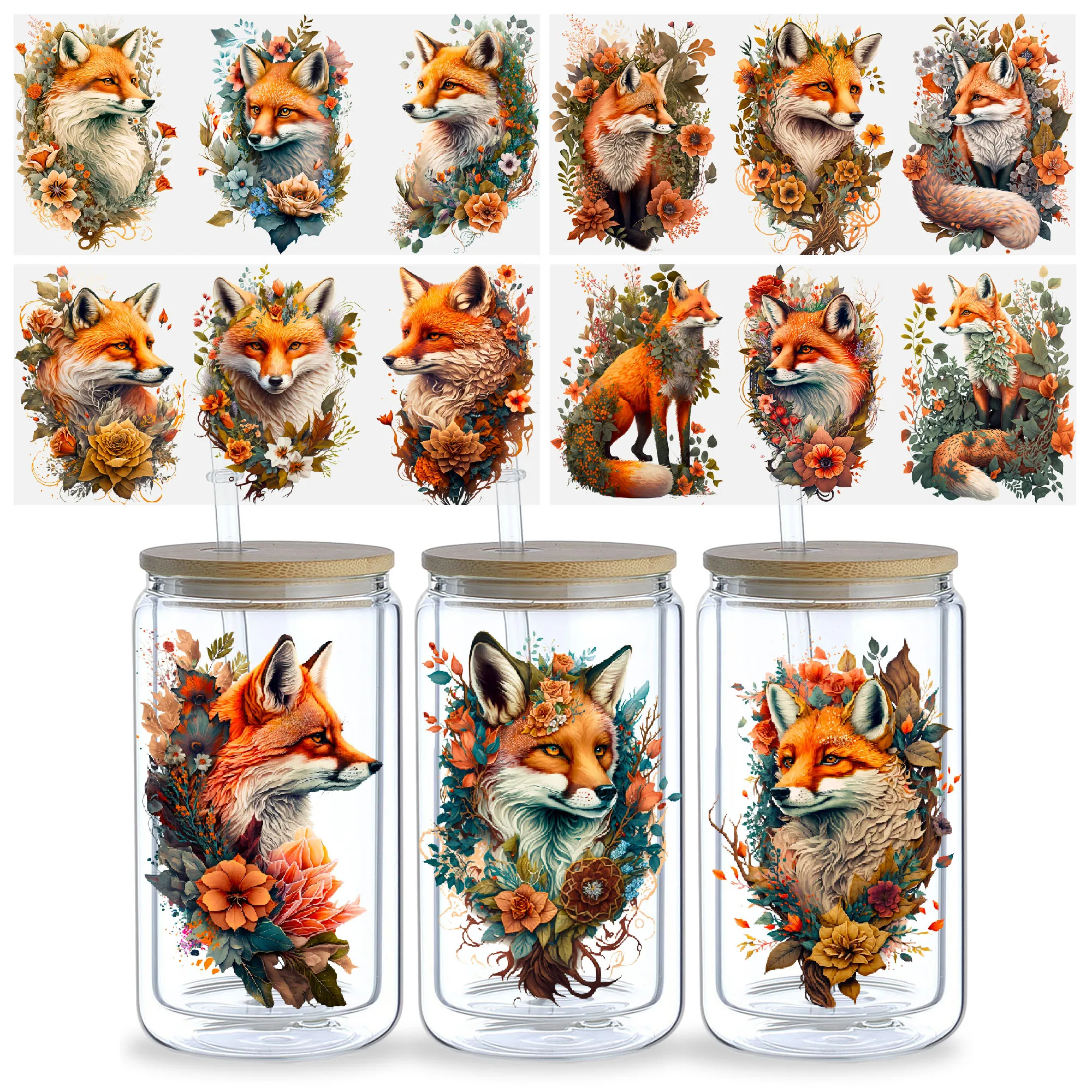 5 sheets fox UV DTF cup packaging for 16oz glass cup, waterproof and elegant fox stickers suitable for 16oz glass cup, DIY